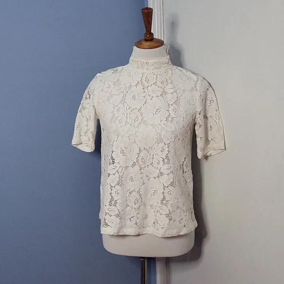 LOFT Tops Ann Taylor Loft Lace Blouse High Neck Collar Short